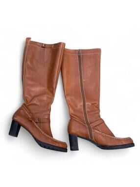 Brown leather Brazilian knee high boots with buckle detail, cottage core